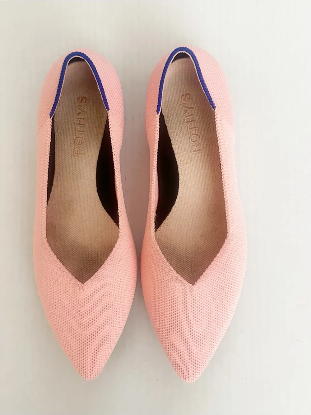 Rothy's Point ll Coral (Carnation) Pointed Knit Slip-Ons with Blue Heel Trim